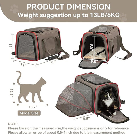 Petsfit Expandable Cat Carrier Dog Carriers,Airline Approved Soft-Sided Portable Pet Travel Washable Carrier for Kittens,Puppies,Removable Soft Plush mat and Pockets,Locking Safety Zippers