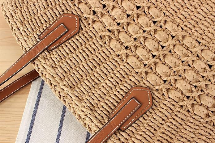 Womens Straw Tote Handbag - Summer Beach Bag with Top Handle - Handwoven Shoulder Bag - 2024