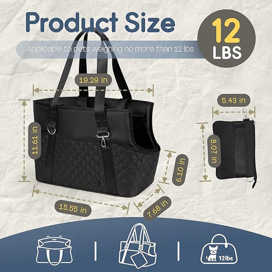 YUDODO 4-12lbs Dog Tote Bag for Women, Lightweight Small Dog Purse Carrier with Treat Pouch & Safety Clip, Large Pockets Pet Shoulder Handbag for Travel, Outing, Vet, Black, Purse+Treat Pouch