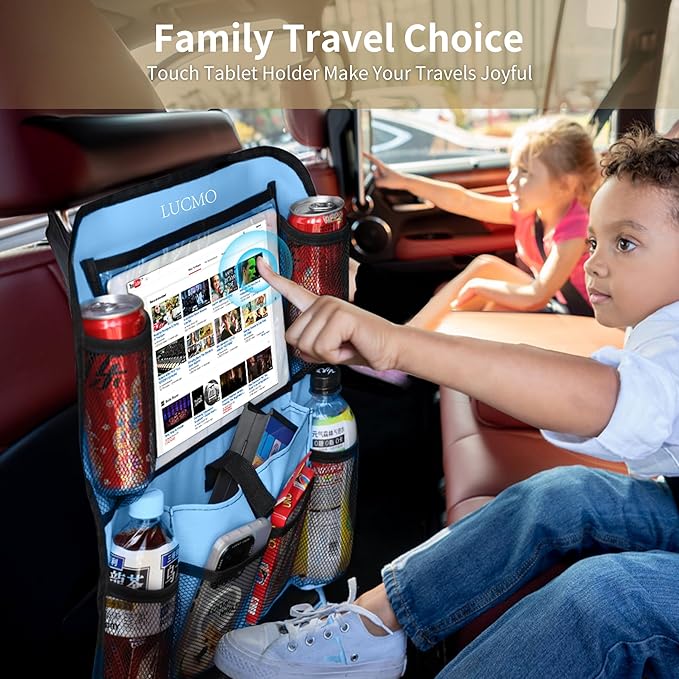 LUCMO Car Backseat Organizer with Touch Screen Tablet Holder-2 Pcs,9 Storage Pockets Car Storage Organizer Protectors Kick Mats Travel Accessories for Kids-Light Blue