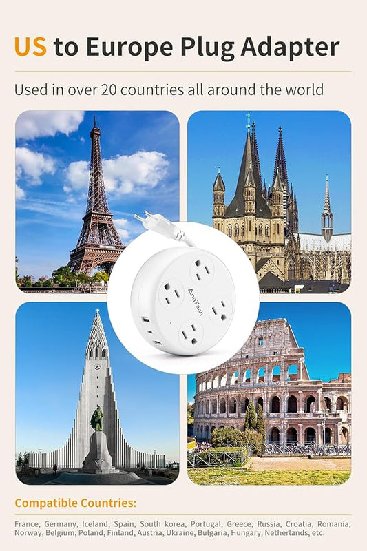 European Travel Plug Adapter - Retractable Power Strip with 4 AC Outlets & 3 USB Ports (USB-C), Type C Adapter for US to Most of Europe Iceland Spain Italy France Germany and More (White)