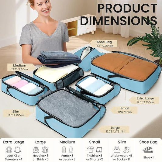 BAGAIL 4 Set/6 Set/8 Set Compression Packing Cubes Travel Accessories Expandable Packing Organizers (Half Mesh, 6-Dusty Blue)