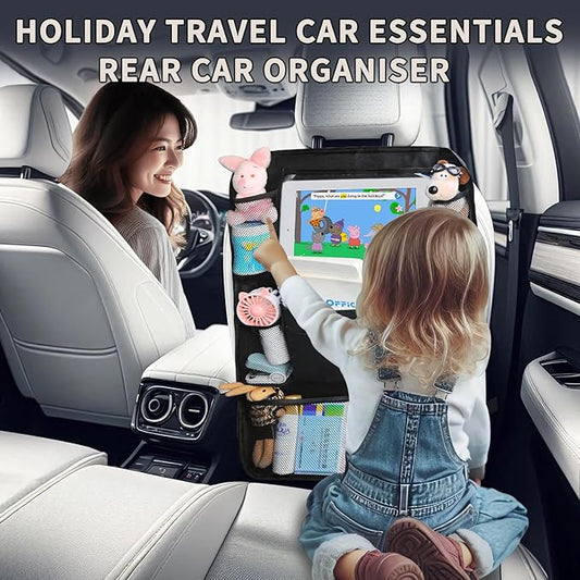 Backseat Car Organizer with Touch Screen Tablet Holder, Storage Pockets, Foldable Food Tray, Kick Mats Back Seat Protector, Travel Accessories for Kids and Adults (Rear Seat Organizer-2pc)