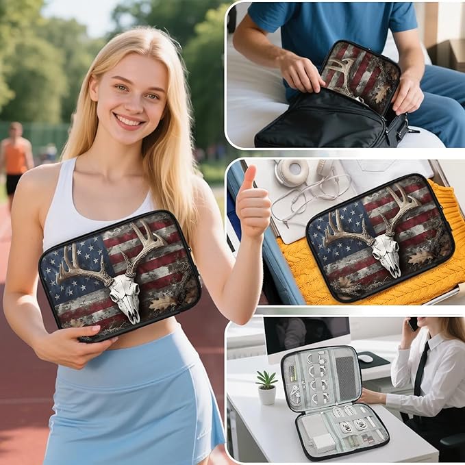 Vintage Deer Skeleton Travel Cable Organizer Pouch American Flag Electronics Accessories Carry Case Portable Water Resistant Storage Bag for Cord Charger Phone Earphone SD Card