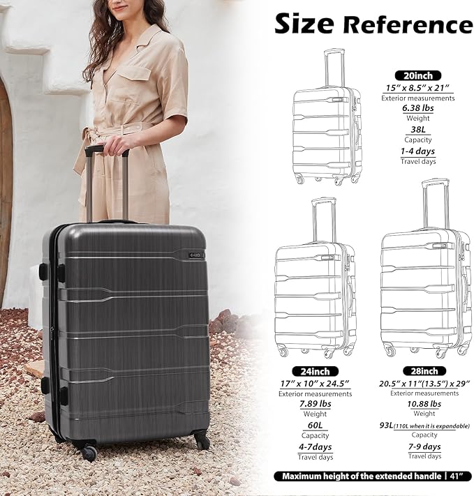 Coolife 3-Piece Luggage Set with Expandable 28-Inch Suitcase, PC+ABS Spinner (20/24/28 Inch, Charcoal)