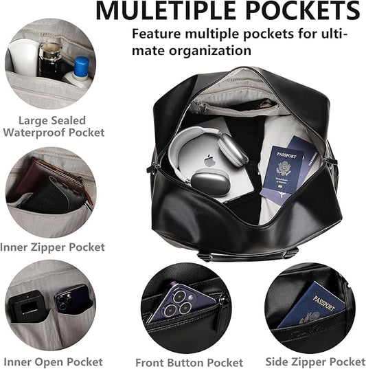 4PCS Leather Duffle Bags, Weekender Bag for Women Men, Large Travel Duffel-Overnight Bag with Toiletry, Makeup, Shoulder Bag, Faux Leather Carry On with Shoe Compartment (Black)