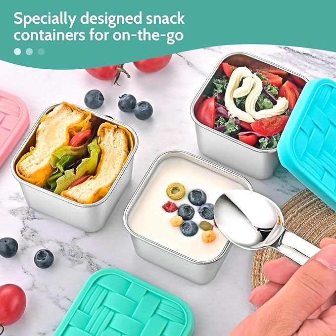 Ryrokxivi 8PC 6oz Stainless Steel Snack Containers with lids, BPA-Free Metal Kids Snack Cups with Fork and Spoon, Leakproof Lunch Box Containers,Resuable Baby Food Storage Bowl