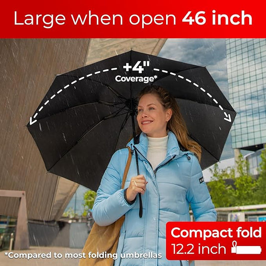 TUMELLA Flip-proof Inverted Travel Umbrella, Small Strong but Light Portable and Automatic Reverse Folding Rain Umbrella, Durable Premium Grip, Fits Car & Backpack