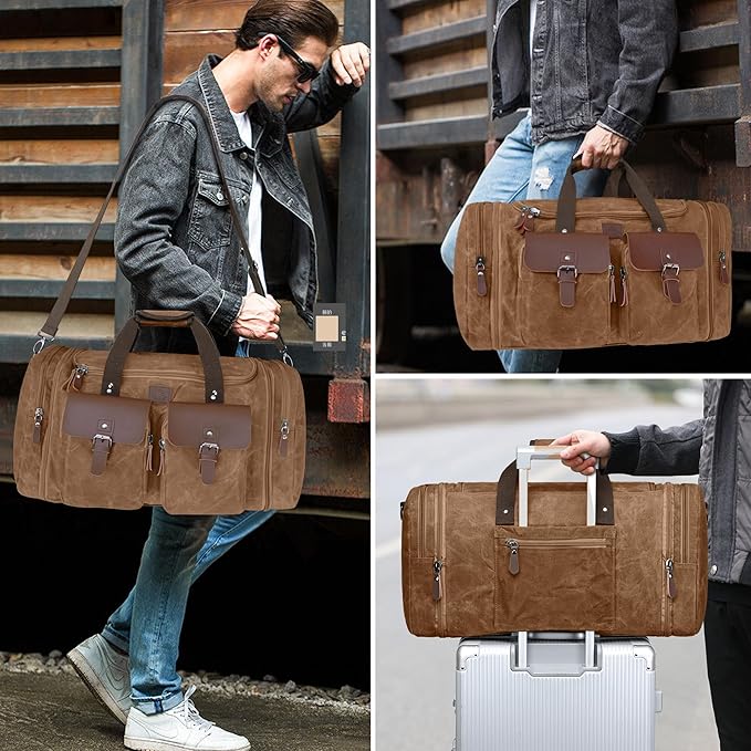 Waxed Canvas Duffle Bag for Men 50L Travel Duffel Bags Expandable Genuine Leather Duffel Overnight Weekender Carry On Bag Two Zipper Pockets Travel Bag (Vintage Dark Brown, Large-50L)