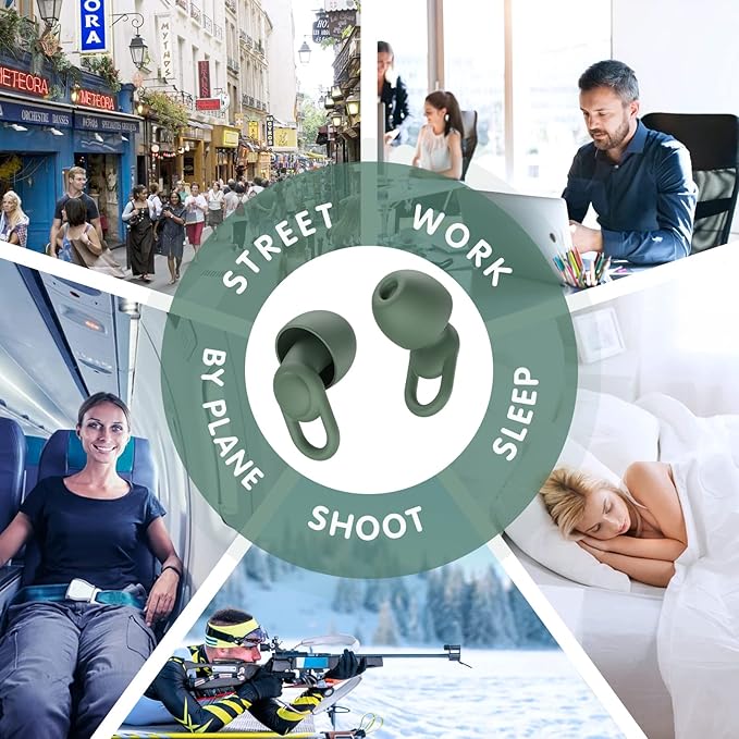 Silicone Ear Plugs for Noise Reduction - Reusable Soft Comfortable Earplugs for Sleeping,Noise Sensitivity & Flights -16 Ear Tips in XS/S/M/L, with 2 Travel Boxes - 33dB Noise Cancelling (Olive Green)