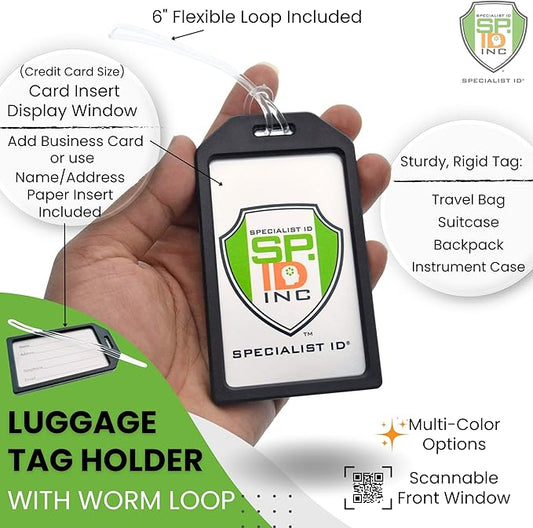 5 Pack - Premium Rigid Airline Luggage Tag Holders with 6" Worm Loops - Heavy Duty Hard Plastic -Suitcase ID Tag Identifiers with Business Card Insert Window by Specialist ID (Black)