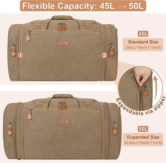 Canvas Mens Duffle Bag for Travel - Expandable 50L Weekender Bags with Toiletry Bag, Overnight Bag Travel Duffel Carry On Luggage with Removable Shoulder Strap, Durable & Water-Resistant