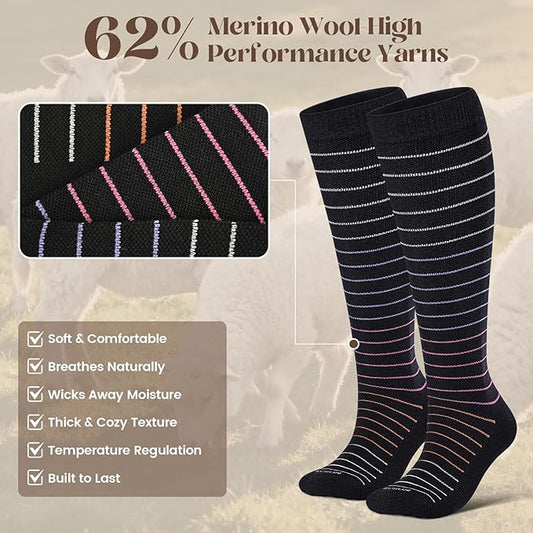 LEVSOX Thick Merino Wool Compression Socks for Women and Men 20-30mmHg Knee High Support Socks for Flying Nurses Pregnancy