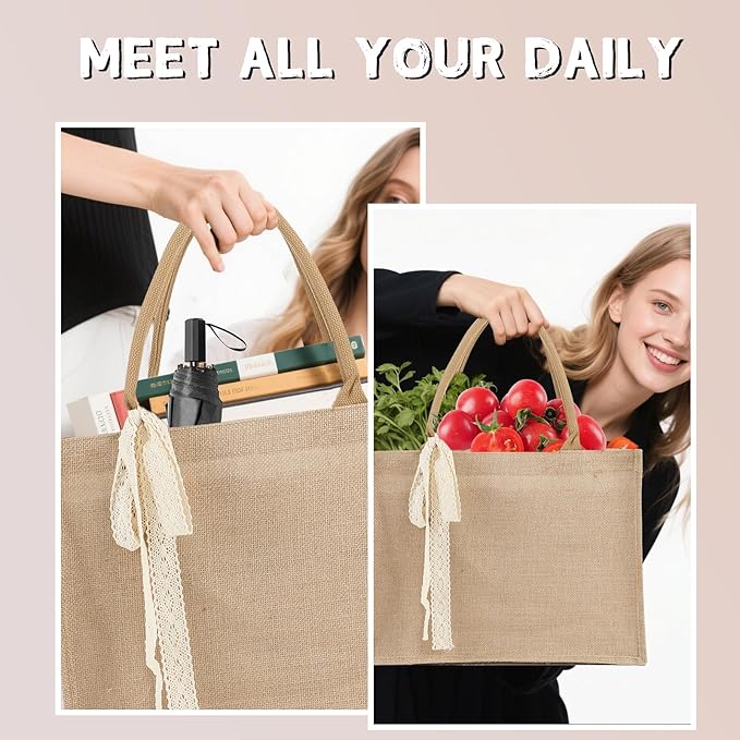8pcs Burlap Tote Bag Set with Handles, Waterproof Reusable Blank Water Resistant Grocery Bags with Ribbon Large Jute Tote 15.35*6*12 Inch for Women Bridesmaid Gift Beach Shopping Wedding Travel DIY