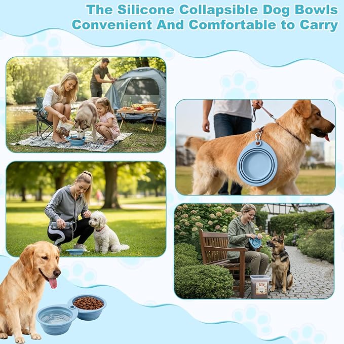 2-Pack Silicone Collapsible Dog Bowls with 4 Carabiners, Food-Grade Portable Pet Travel Bowls for Dogs & Cats, Foldable Water Feeder for Outdoor, Hiking, Camping(Blue)