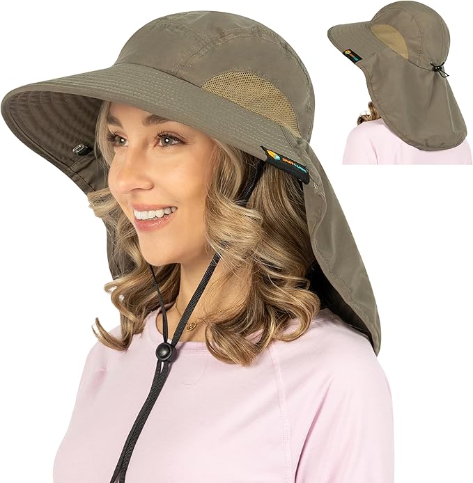 SUN CUBE Wide Brim Sun Hat with Neck Flap, UPF50+ Hiking Safari Fishing Hat for Men Women, Sun Protection Beach Hat