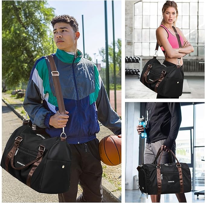 FIORETTO Womens Gym Tote Duffle Bag with Toiletry Bag, Sports Duffel Overnight Hospital Workout Carry on Bag for Girls with Wet Pocket & Shoe Compartment, Ideal for Travel, Swimming, Black & Brown