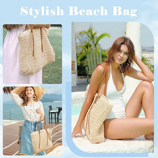 miss fong Summer Beach Bag, Beach Bags for Women,Straw Bag Straw Beach Bag Handmade Woven Tote Bag for Holiday Beach Trips