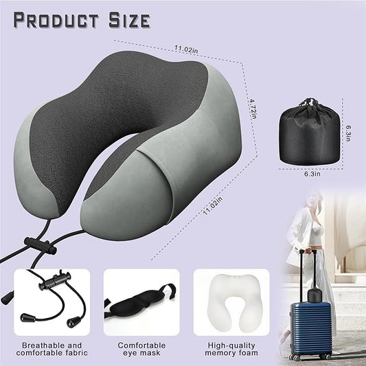 Neck Travel Pillow, Upgraded Memory Foam Pillow for Airplane, Machine Washable, Adjustable Flight Pillow, Suitable for Sleeping Airplane, Car, Office and Home (Grey)