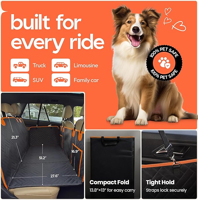 Dog Seat Cover for Back Seat Hard Bottom, XL Backseat Extender for Large Dogs (+420 lbs), Waterproof Dog Car Hammock with Door Protectors, Non-Slip Heavy-Duty Pet Seat Cover for Truck, SUV & Car