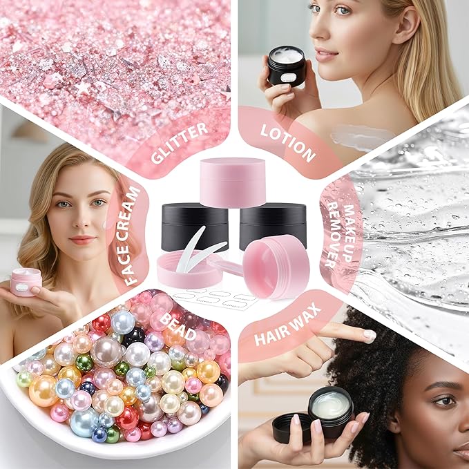 Travel Containers for Creams, Plastic Refillable Mini Lotion Jars with Lids for Toiletries, Leak Proof Small Travel Cream Jars for Face Cosmetic Makeup Beauty Products Sample (50g, 4Pack, Black Pink)