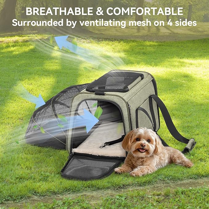 Petsfit Expandable Cat Carrier Dog Carrier,Airline Approved Soft-Sided Portable Pet Travel Washable Carrier for Kittens,Puppies,Removable Soft Plush mat and Pockets,Locking Safety Zippers
