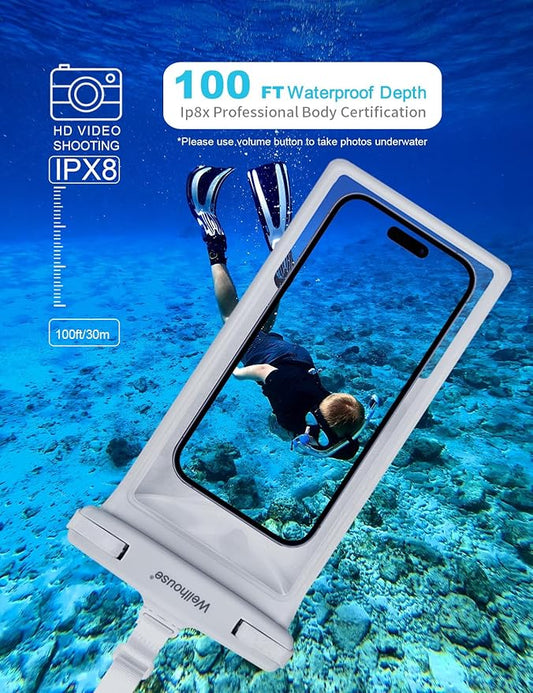wellhouse Waterproof Phone Pouch, Waterproof Phone Case for iPhone 16 15 14 13 12 Pro Max XS Samsung, IPX8 3D Cellphone Dry Bag Beach Essentials (1 Pack - White8.0, 8 inch)