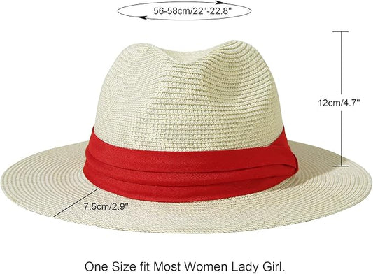 Lanzom Women Wide Brim Straw Panama Roll up Hat Fedora Beach Sun Hat UPF50+