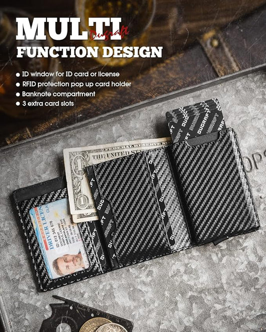 DUGRAFT Mens Wallet for Max.11 Cards with Pop Up Credit Card Ejector Case RFID Blocking, Bills/Cash Compartment and ID Window, Giftbox Packed, Carbon Fiber Black