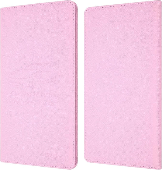 Car Insurance and Registration Holder, 9.5 x 5 Inch PU Leather Vehicle Glove Box Organizer Wallet Case for Insurance Card, Driver License, Paperwork - Pink