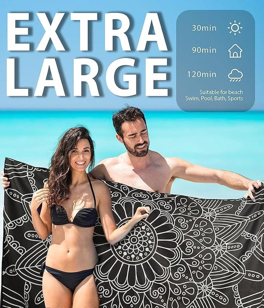 Margelife Sand Proof Microfiber Beach Towels Adult –Quick Fast Dry Beach Oversized Accessories for Travel Swim Pool Yoga Blanket Essentials Lightweight Must Haves Items Women Gifts Black Mandala
