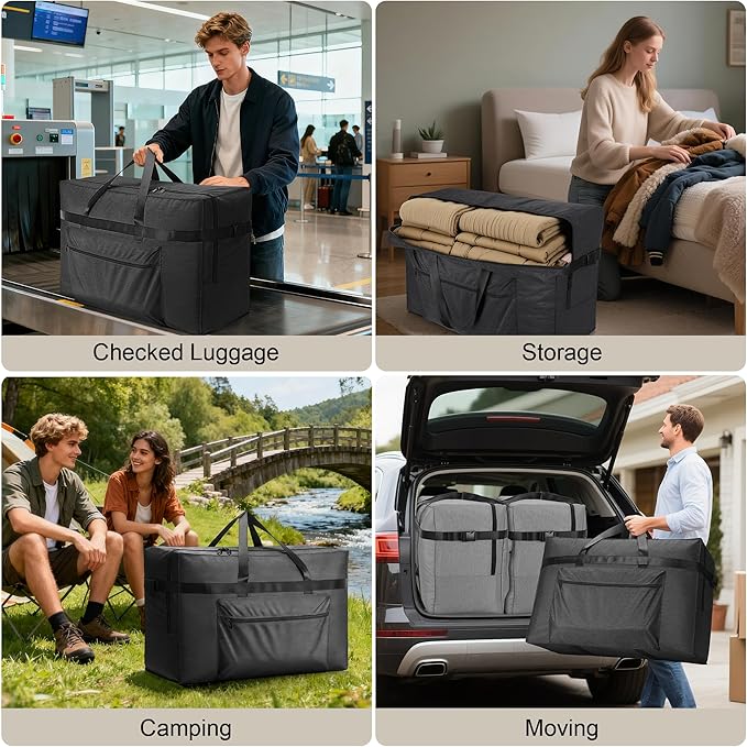 SUNUP Large Duffle Bag for Travel, 80L Foldable Travel Duffel Bag for Men Women, Waterproof Carry On Overnight Weekender Moving Storage Bags, Black