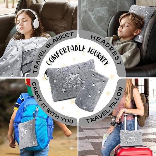 HWING Travel Blanket Airplane Compact with Bag - Glow in The Dark Stars Blanket Travel Pillows for Airplanes Travel Essentials for Flying - Birthday Gifts for Kids Teens Women Camping Outdoor Blanket