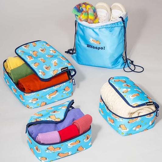 4 Pieces Capybara Cute Packing Cubes - Travel Organizer - Suitcase Organizers for Carry On Luggage - Kids And Diaper Bag - Fun Accessories - Drawstring Laundry Bag