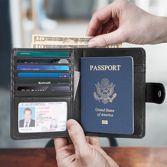Polare Luxury RFID Blocking Leather Passport Holder Travel Wallet For Men and Women (Black(Snap Version))
