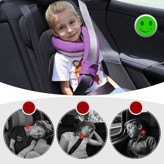 Kids Travel Neck Pillow, Comfortable Head & Chin Support for Car seat & Airplane, Toddler Pillow for Sleeping on Road Trip, Gifts for Child (Deep Purple & Light Purple)
