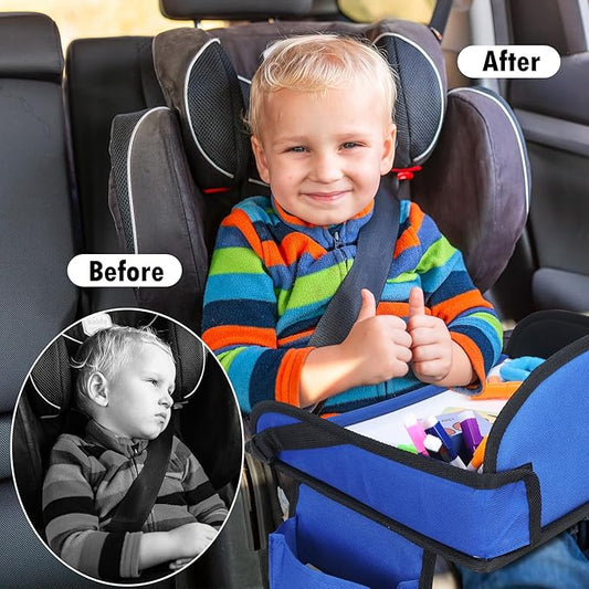 WENRENER Kids Travel Tray for Airplane - Toddler Car Seat Table Tray, Road Trip Essentials for Boys & Girls, Carseat Lap Desk for Kids Road Trip Activities(Navy Blue)
