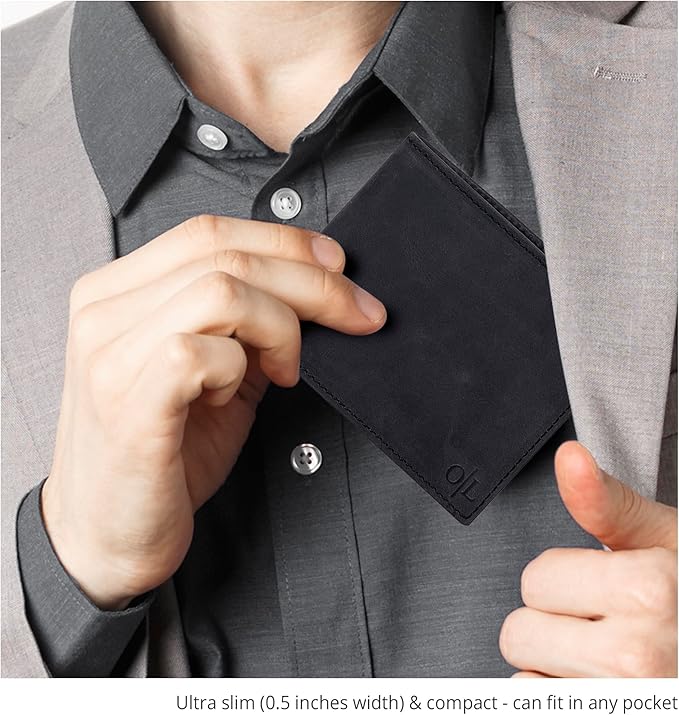 Oak Leathers Slim Leather Wallet for Men - RFID Blocking Slim Minimalist Front Pocket - Thin & Stylish with ID Window, Gift For Men (Vintage Black)