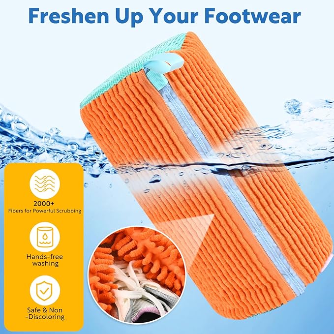 Orange Large Shoe Laundry Bag Set of 2, Mesh & Microfiber, Zipper Closure, Machine Washable, Shoe Cleaning Bag for Washing Machine