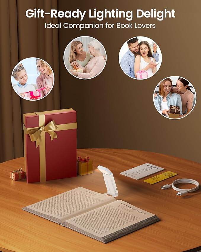Glocusent 12 LED Rechargeable Book Light, Clip-on Reading Lamp with 5 Colors & 5 Brightness Levels, Up to 100Hrs Runtime, Eye-Caring Reading Lights for Books in Bed, Perfect for Book Lovers, Kids
