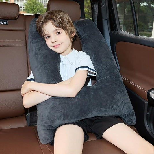 Car Pillow for Kids, Travel Pillow with Adjustable Strap, U-Shaped Pillow for Adults and Children to Support Head and Body Road Trip Essentials (Grey)