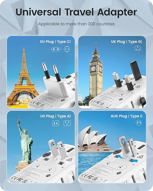 LENCENT 65W International Travel Adapter, Universal Travel Adapter with 2 QC USB-A & 3 PD3.0 Type C Power Outlet, Fast Charging for Phone,Laptops, All-in-One Outlet Converter for USA/UK/EU/AUS, White