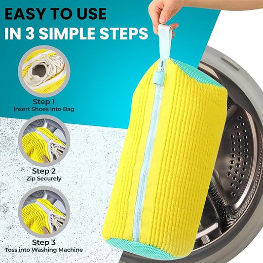 XXL Shoe Washing Machine Bag - 2 Pcs Set - 360° Resuable Shoe Bag for Washing Machine and Dryer - Wrap Shoe Washing Bag for Sneakers, Boots & Delicate Footwear (Yellow)