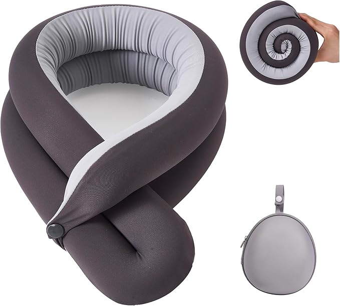 Travel Pillow, Neck Pillow – Ergonomic Memory Foam Pillow for Airplane, Adjustable & Ultra-Lightweight with Dual-Sided Fabric for Flight, Car, and Office Use, Grey