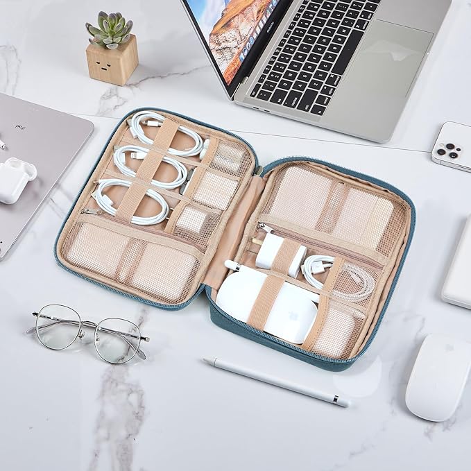 NISHEL Travel Cord Organizer Case, Tech Electronic Bag, Essentials for Charger, Cable, Phone, Hard Drive, USB, SD Card, Lake-Blue