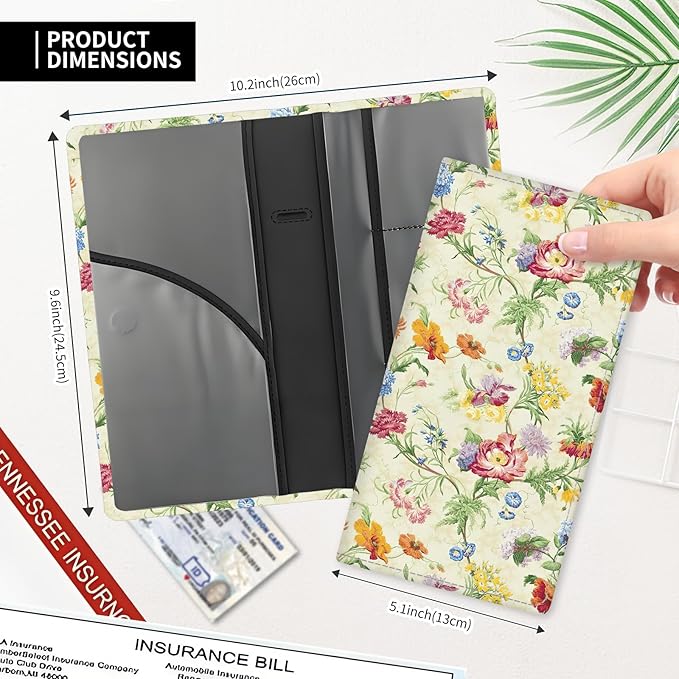 Leather Car Registration and Insurance Card Holder, Cute Car Accessories Vehicle Glove Box Car Organizer for Documents, Cards, License Retro Colorful Flowers