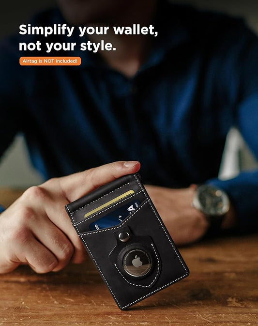 SERMAN BRANDS AirTag Wallet - RFID Blocking Mens Minimalist Money Clip Wallet for Airtag - Full Grain Leather - Slim Bifold. Front Pocket Air tag Wallets for men. Gift (Charcoal Black Air)