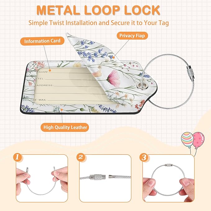 Colorful Vintage Watercolor Wildflower 3 PCS PU Leather Luggage Tags for Suitcase, Luggage Tag with Privacy Flap, Name ID Label and Metal Loop for Women Men Baggage Handbag School Bag Backpack