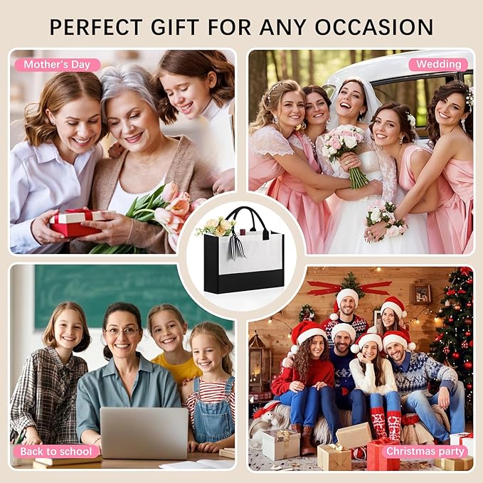 OKBA Personalized Classic Canvas Tote Bag(Black and White), for Wedding, Birthday, Beach, Perfect Gifts for Women