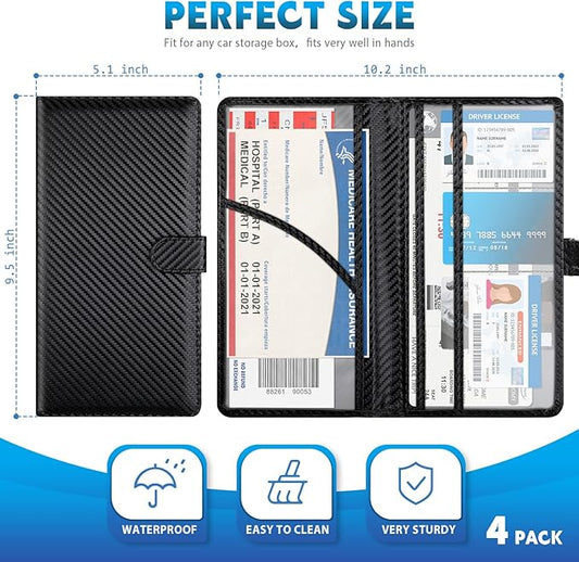 Hanaive 4 Pcs Car Registration and Insurance Card Holder with Magnetic Closure Glove Compartment Organizer Auto Registration and Insurance Wallet for Document Paperwork, Carbon Fiber Black